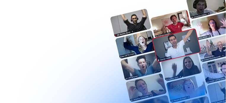Group video call with participants celebrating happily.