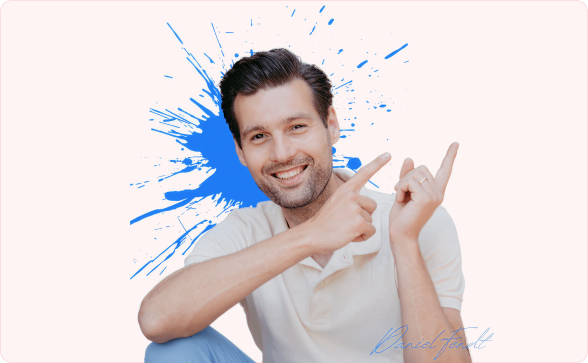 Smiling man gesturing with blue splash background