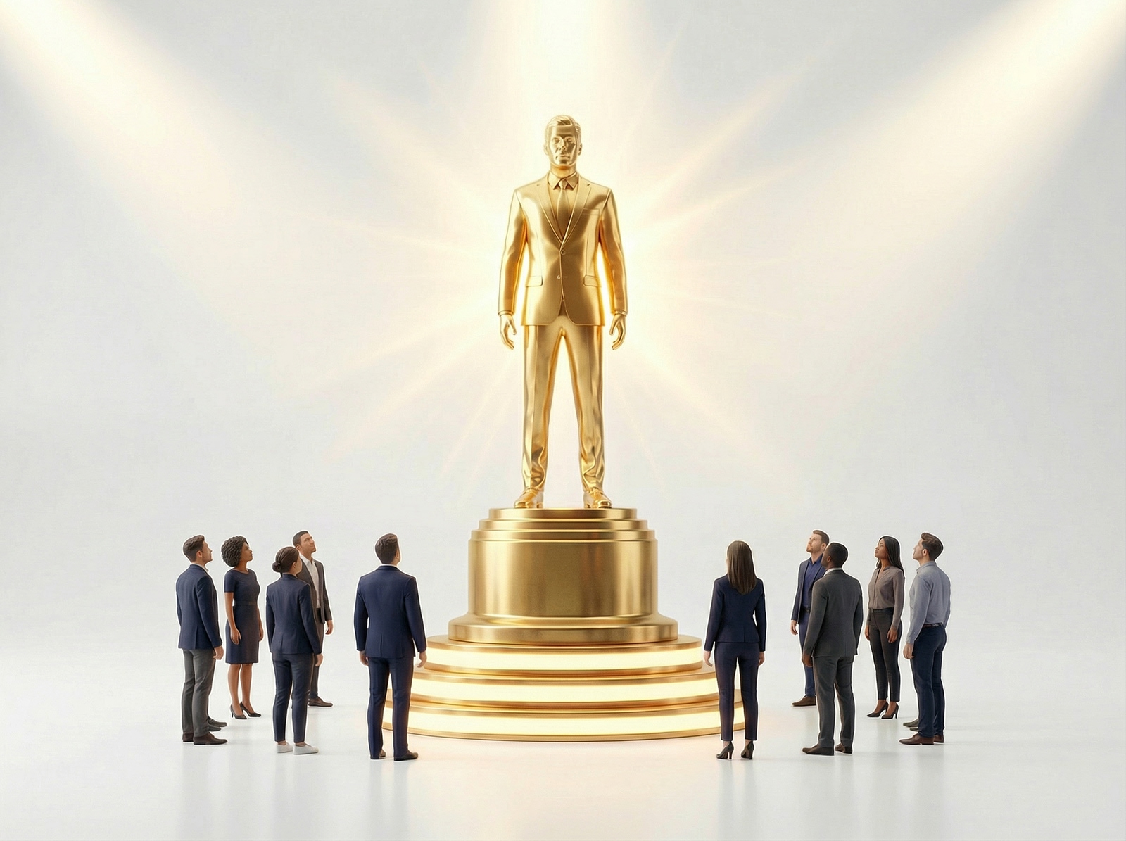 Group admiring a golden statue on pedestal.