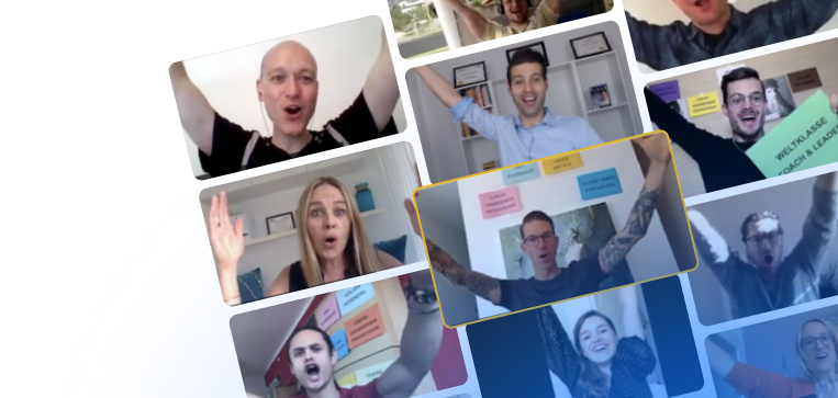 Group of people celebrating and cheering together online.