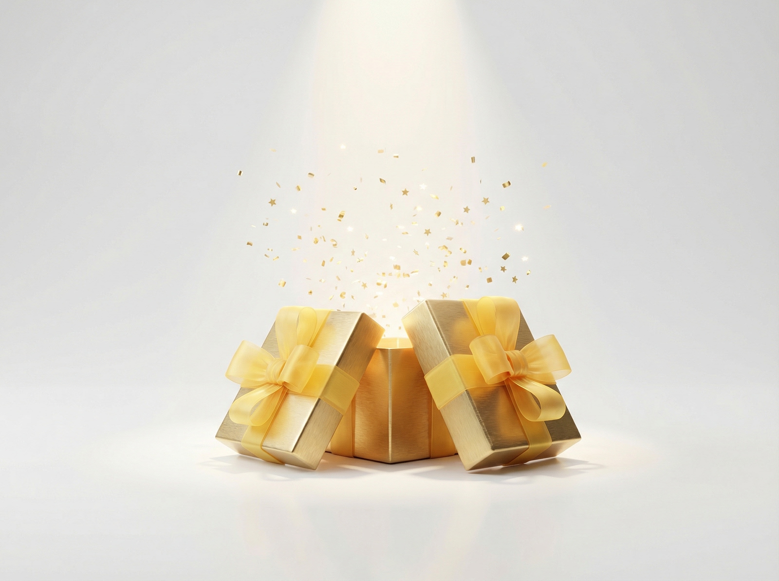 Open gifts with sparkling confetti and golden ribbons.