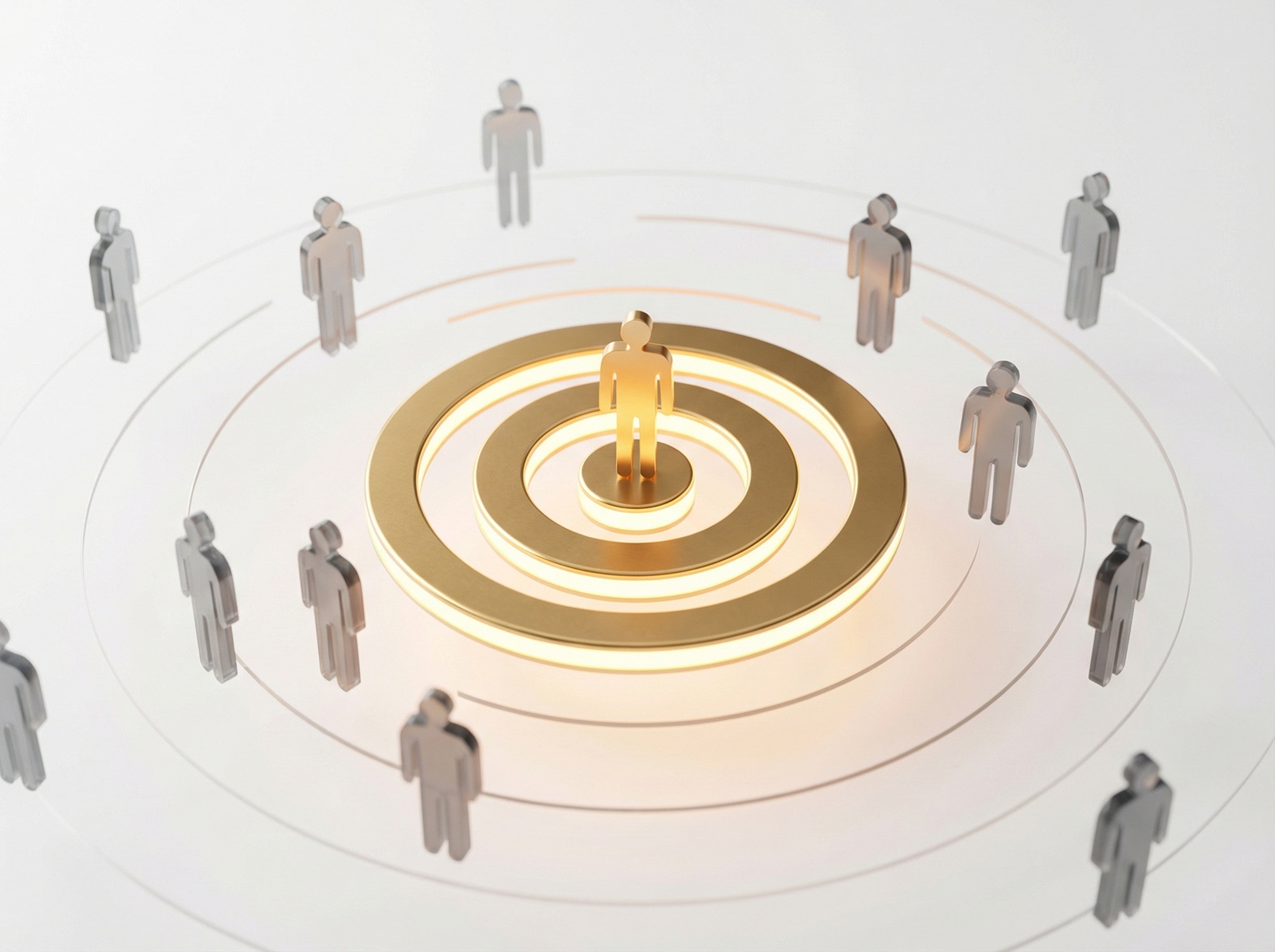 Golden figure surrounded by gray silhouettes in circles.